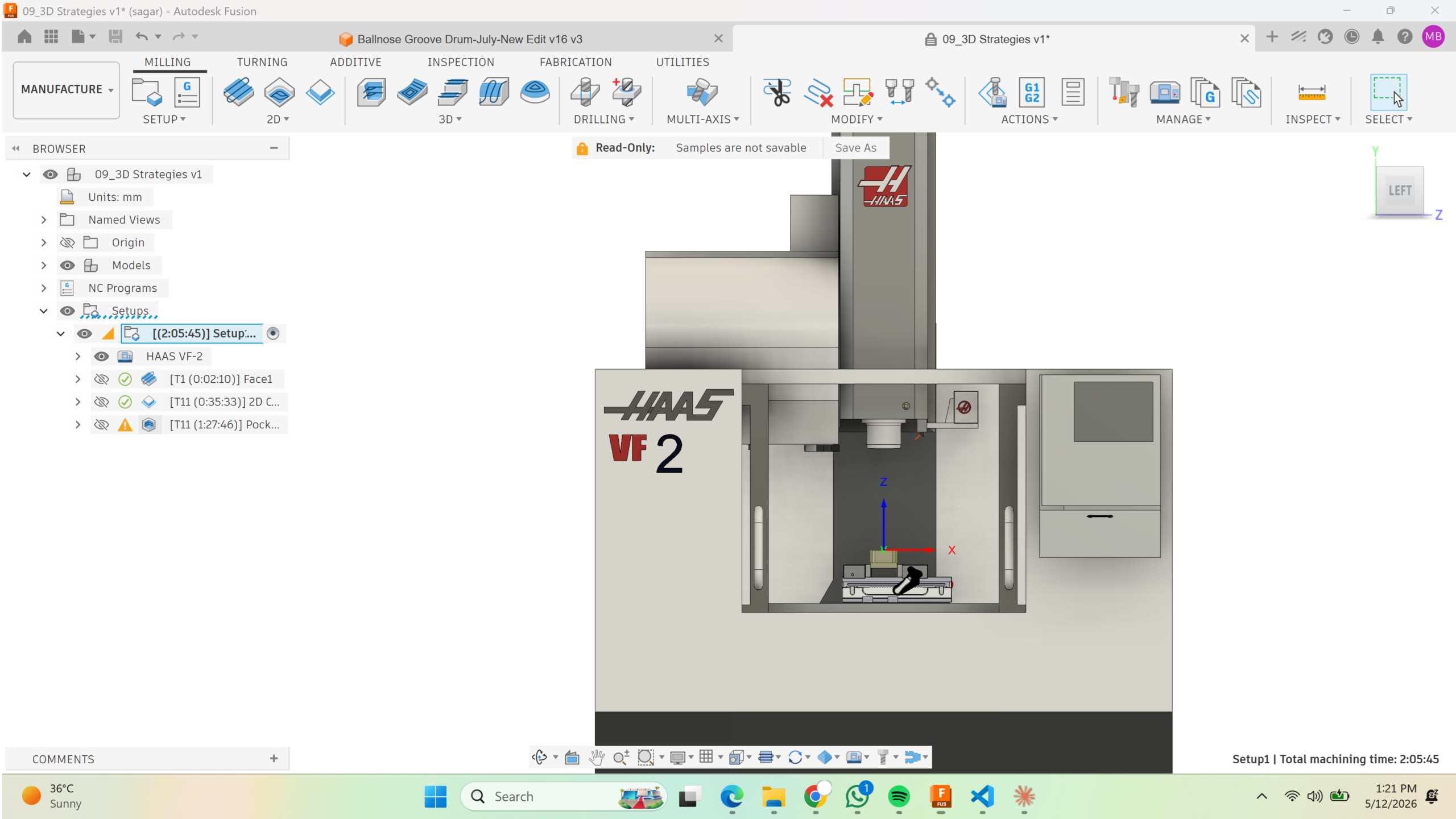 Haas VF-2 CNC Vertical Machining Center performing a Fusion 360 CAM programmed toolpath.