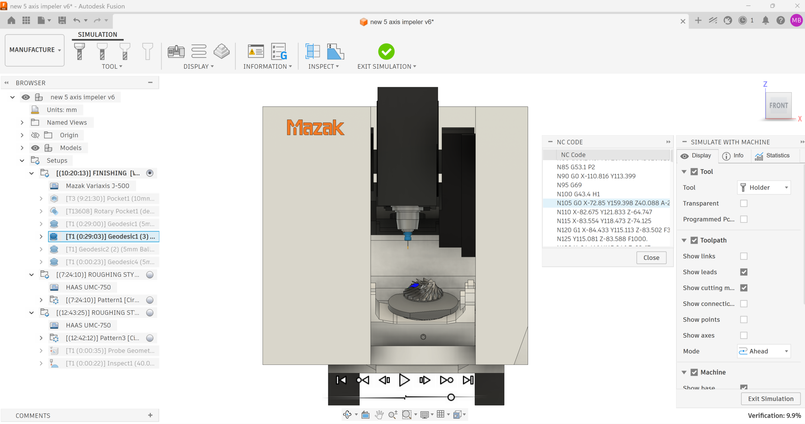 3D machine simulation of Mazak Variaxis 5-axis CNC machine in Autodesk Fusion 360 interface showing collision detection.