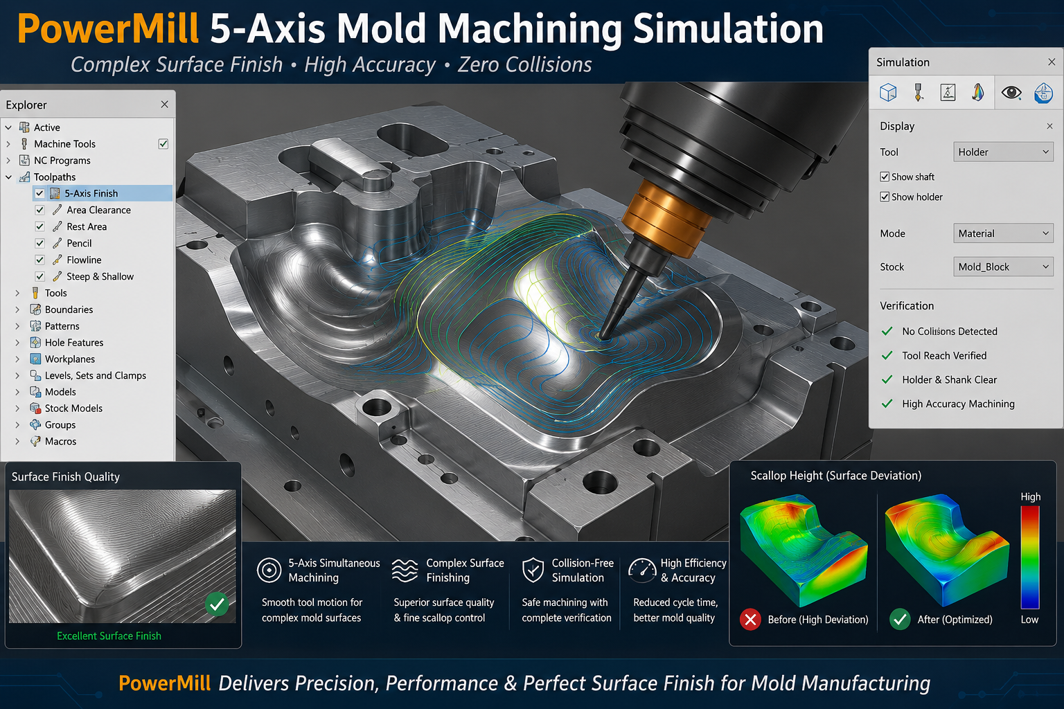 Autodesk PowerMill software programming a complex injection mold core and cavity