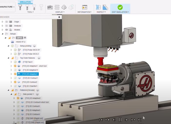 Autodesk Fusion 360 5-axis machine simulation for CNC programming verification.
