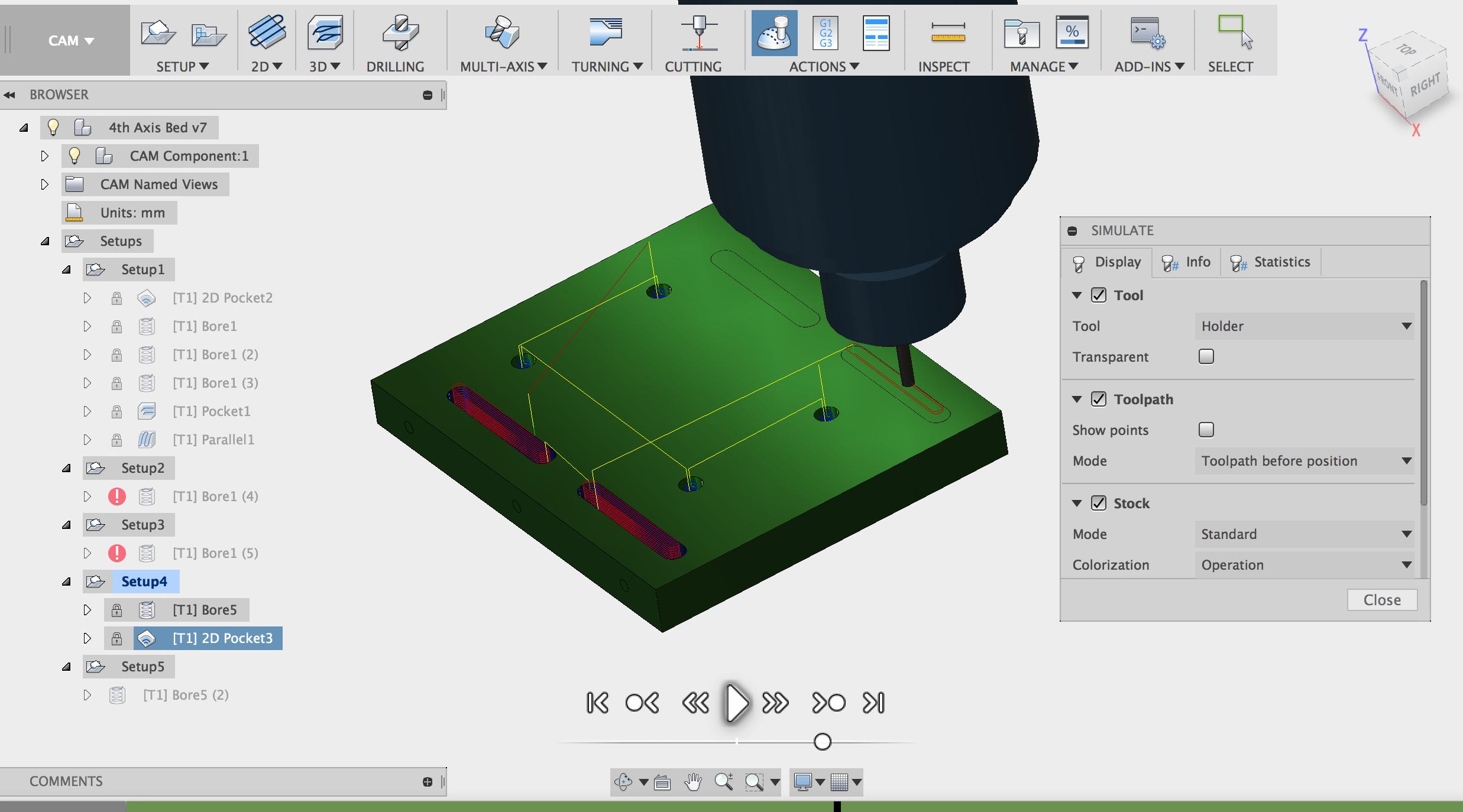 Autodesk Fusion 360 pocket toolpath generation for a CNC milling operation.