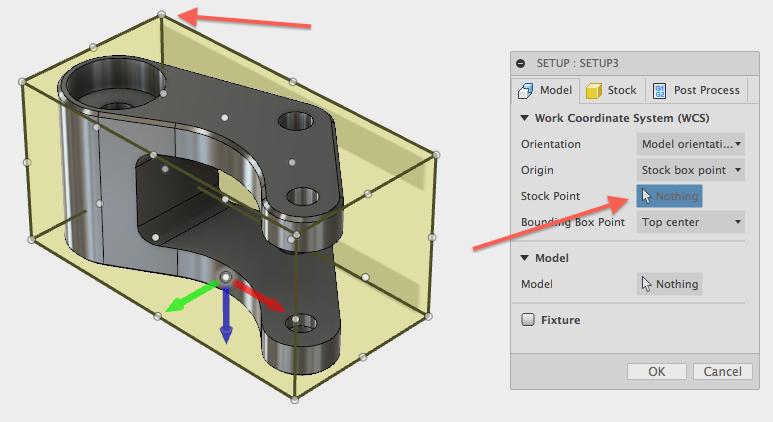 Autodesk Fusion 360 raw material stock definition setup for a CNC milling part.
