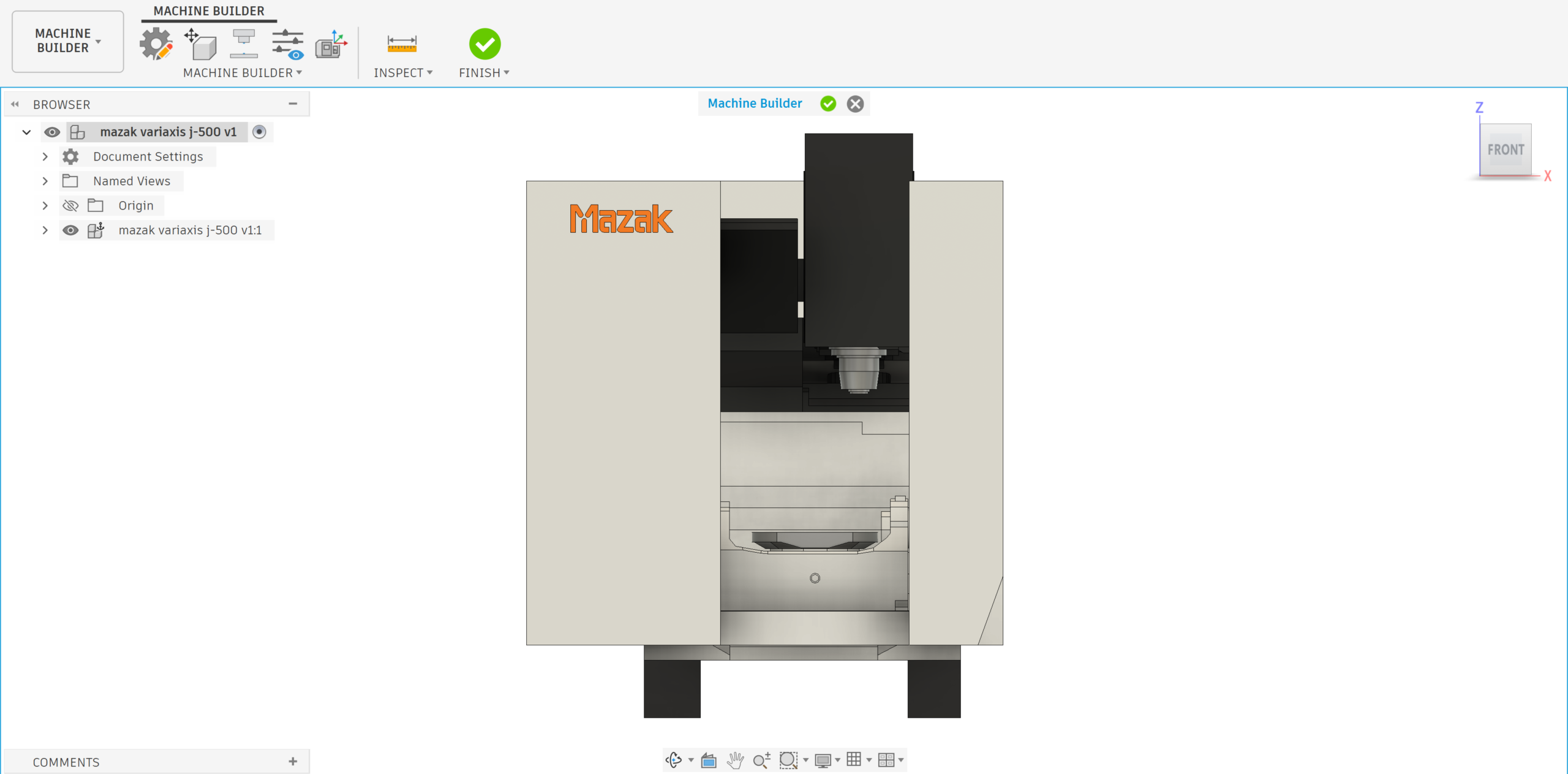 3D machine simulation of Mazak Variaxis 5-axis CNC machine in Autodesk Fusion 360 interface showing collision detection.