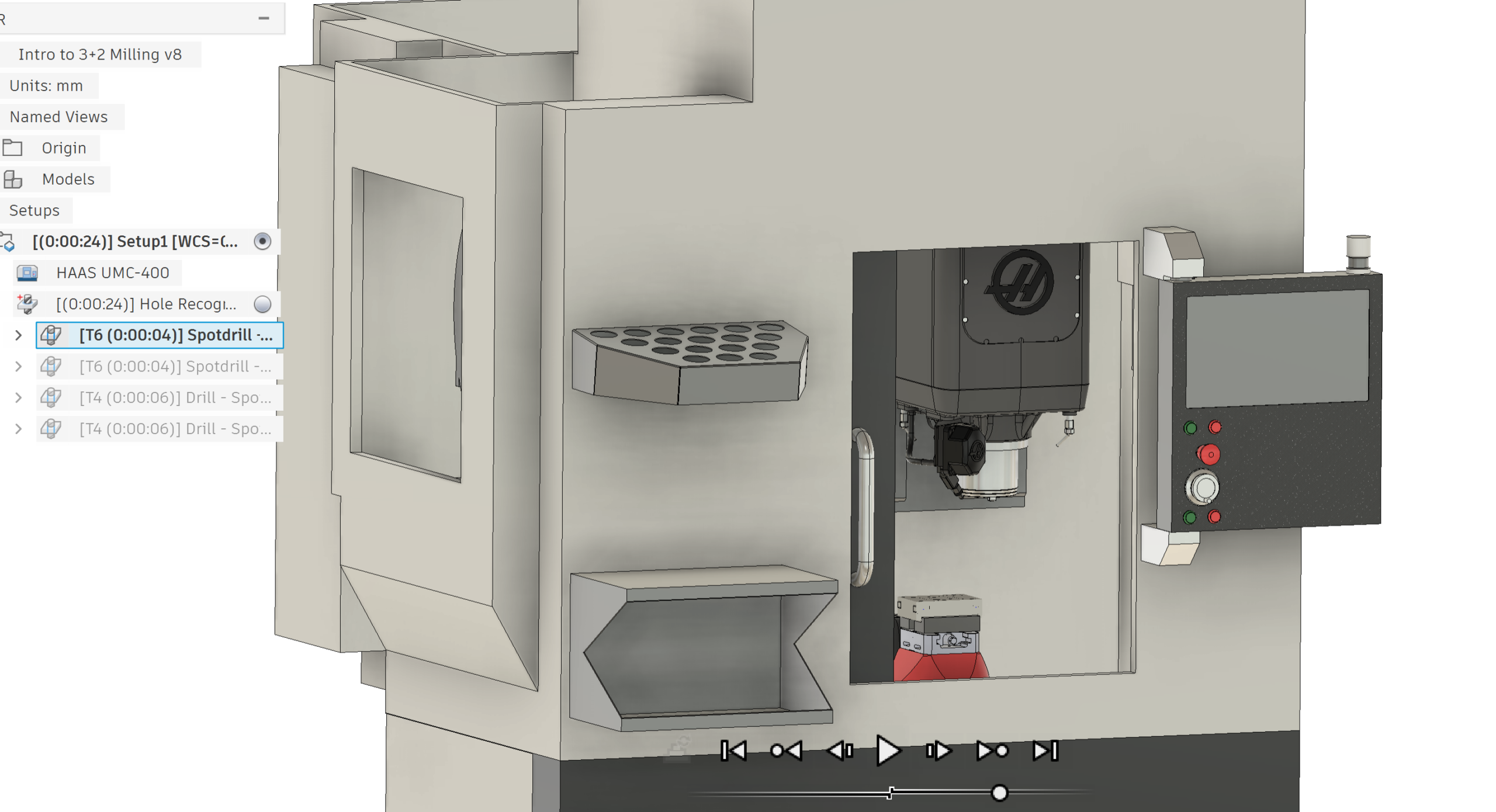 Autodesk Fusion 360 CAM workspace mein Haas UMC-400 5-Axis machine ka 3D toolpath simulation